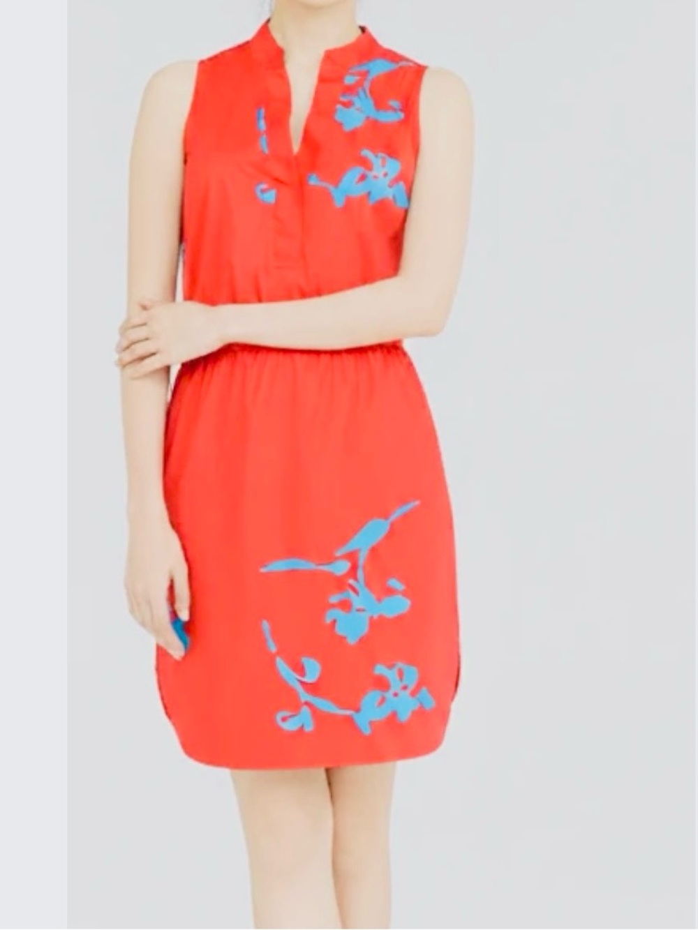 Tory Burch Orange Crisp Cotton Mini Dress with Blue Floral Motif